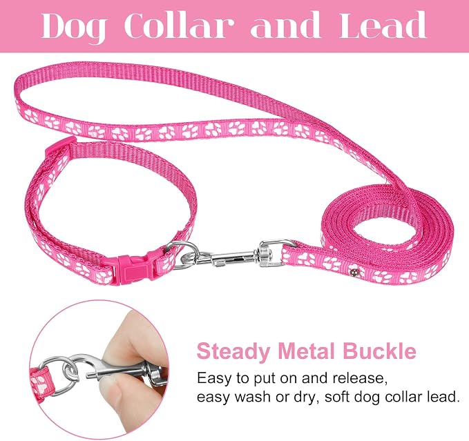 BOUMUSOE 2 Packs Dog Collar and Leash Set, Puppy Collar and Lead Set Quick Release Buckle Adjustable Paw Print Puppy Collar Soft Nylon Pet Collar for Puppy Small Dogs