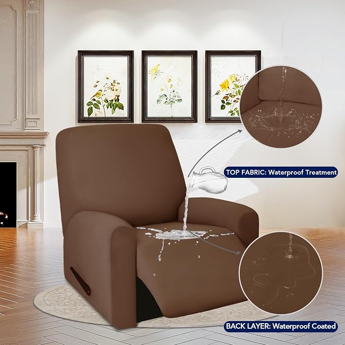 PureFit 100% Dual Waterproof Recliner Cover, Waterproof Couch Cover for Recliner - Stretch Non Slip Fleece Sofa Covers Washable, Leakproof Furniture Protector for Kids, Pets, Dog (Recliner, Brown)