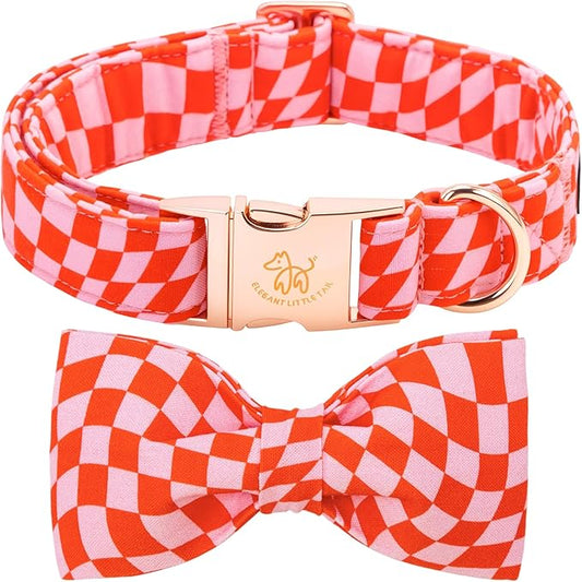 Elegant Little Tail Girl Dog Collar for Small Dogs, Pink Checked Dog Collars with Bow, Pet Pink Checked Bowtie Dogs Collars for Small Medium Dogs