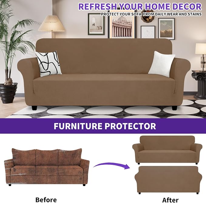ZNSAYOTX Oversized Super Stretch Couch Cover (92"-115"), New Striped Sofa Covers Comfortable & Durable, Dog Cat Pets Friendly Extra Large Spandex Sofa Slipcovers (Light Coffee, XL Sofa)