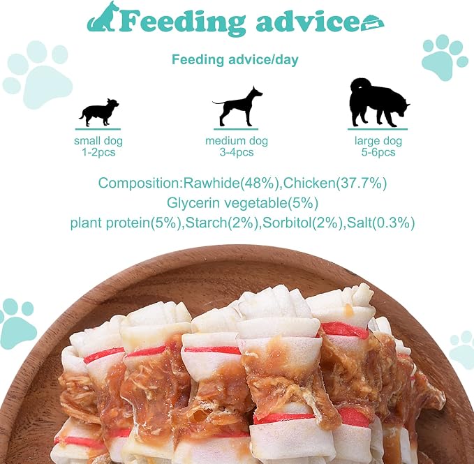 Chicken Wrapped Rawhide Bones, 2.5 Inch Mini Knots Dog Treats, High Protein 65% Puppy Chews and Satisfying Rewards for All Breeds, 8 Ounces