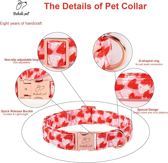 Valentines Dog Collar, Cute Pink Valentine Dog Collars, Doodle Heart Pattern, Adjustable Heavy Duty Pet Collar for Small Medium Large Dogs with Metal Buckle L