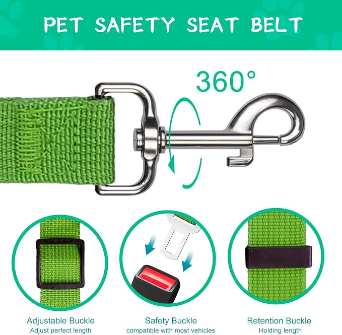 2 PCS Dog Seat Belt for Car Frskcssd Adjustable Dog Car Harness Heavy Duty Nylon Dogs Safety Seat Belt (Black+Green)