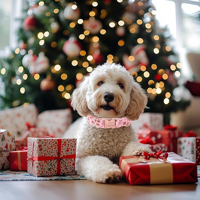 Christmas Dog Collar for Large Dogs - Cute Pink Christmas Collars for Dogs, Sweet Festive Winter Heavy-Duty Adjustable Dog Collars with Metal Buckle L