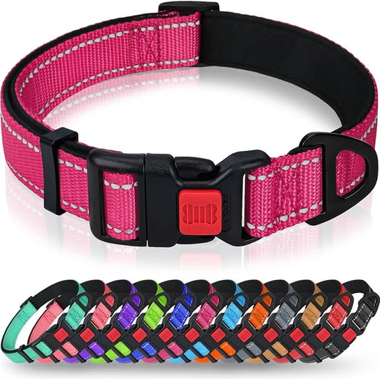 Taglory Reflective Dog Collar for Puppies with Escape-Proof Locking Buckle, Soft Neoprene Padded and Upgraded Zinc Alloy Ring, Adjustable for Chihuahua Yorkie, Hotpink,XS