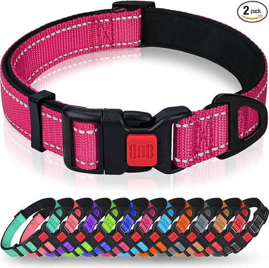 Taglory Reflective Dog Collar for Extra Large Dogs, Soft Neoprene Padded with Escape-Proof Locking Buckle, Upgraded Zinc Alloy Ring, Adjustable for Daily Walking, Hptpink,XL
