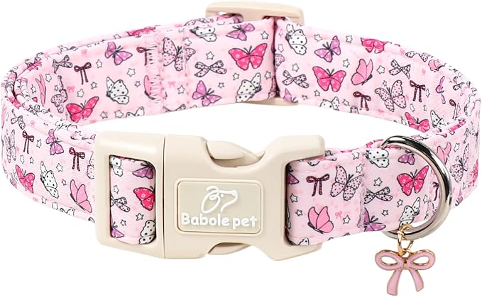 Pink Dog Collar Girl Dog Collars for Medium Dogs - Lightweight Adjustable Spring Butterfly Female Dogs Everyday Collar with Quick Release Buckle M
