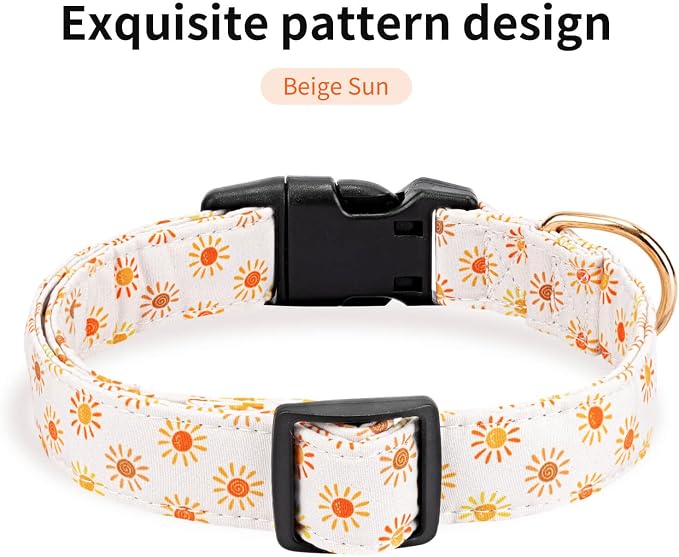 Personalized Dog Collars,Adjustable Puppy Collars with Safety Buckle for Small Medium Large Dogs,Cute and Unique Pink Cherry Pattern Pet Collar for Boy Girl Dogs. (Beige Sun, Medium)