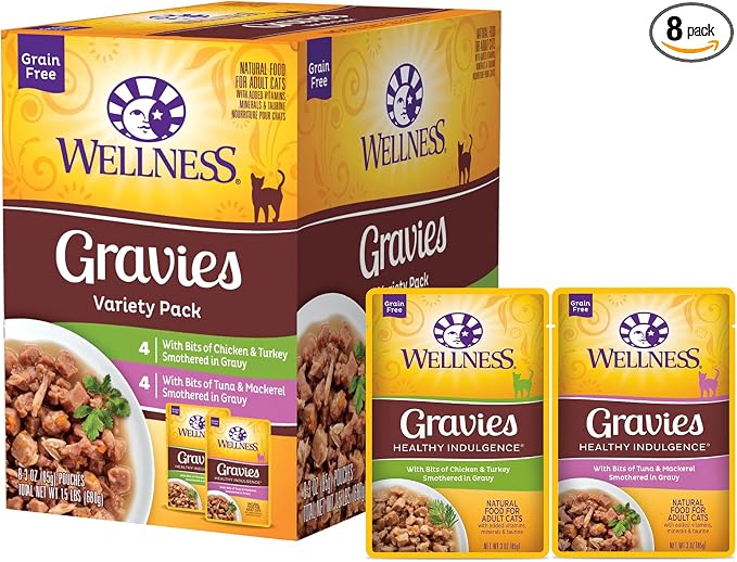 Wellness Healthy Indulgence Gravies Variety Pack Adult Wet Cat Food, Natural, Protein Rich, Grain Free, 2 Flavors, 3 oz, Pack of 8 Pouches