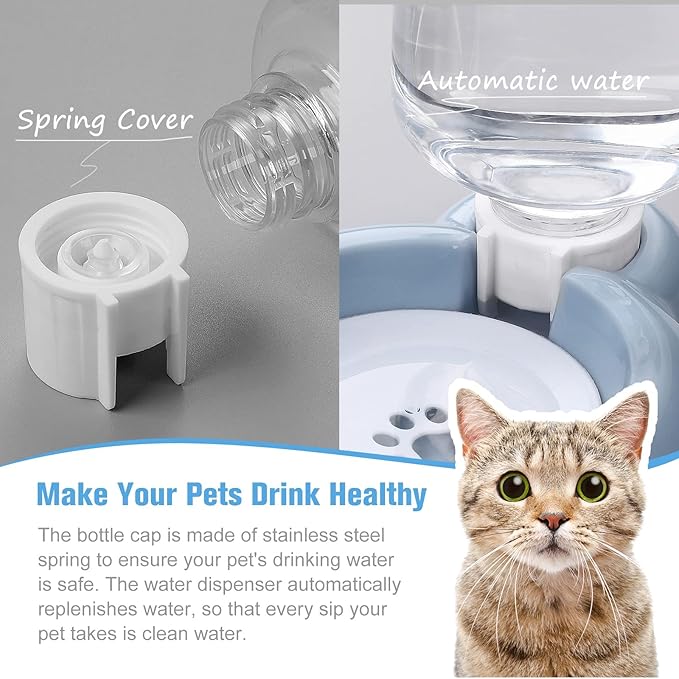 Double Dog Cat Bowls, Cat Food and Water Bowl Set with Auto-Water Dispenser and Stainless Steel Bowl Feeder for Small Size Dogs & Cats, Anti-Slip & Splash Design, Cute Blue