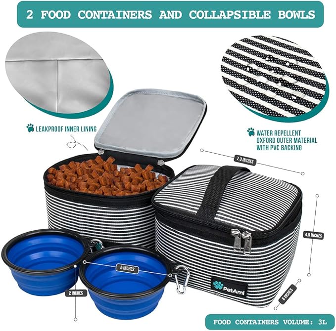 PetAmi Dog Travel Bag Organizer, Pet Travel Kit with 2 Food Containers & 2 Collapsible Dog Bowls, Pet Supplies Tote with Luggage Sleeve, Weekend Road Trip Camping Essentials, Stripe Black, Medium