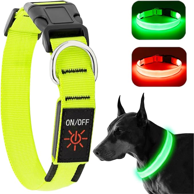 Light Up Dog Collar, Rechargeable USB Collar, Waterproof, Luminous LED Collar, Adjustable, Super Bright, Night Walking for Small Medium Large Dogs, Green, L