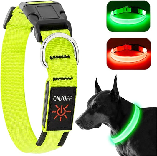 Light Up Dog Collar, Rechargeable USB Collar, Waterproof, Luminous LED Collar, Adjustable, Super Bright, Night Walking for Small Medium Large Dogs, Green, L