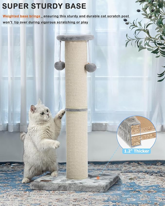 Cat Scratching Post 34 Inches Large Sturdy Cat Post with Sisal Scratcher and Hanging Ball Scratching Post for Indoor Cats Adult Grey