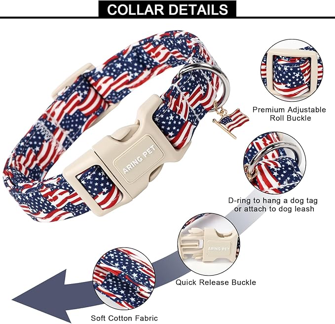 ARING PET 4th of July Collars for Dogs, Fourth of July Patriotic American USA Flag Red White Blue Dog Collar for Puppy Small Medium Large Boy Girl Doggy-L