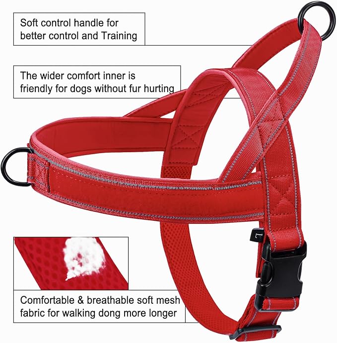 Red No Pull Dog Harness for Small Medium Large Sized Dog, Reflective Escape Proof Adjustable Dog Harnesses with 2 Patch, L