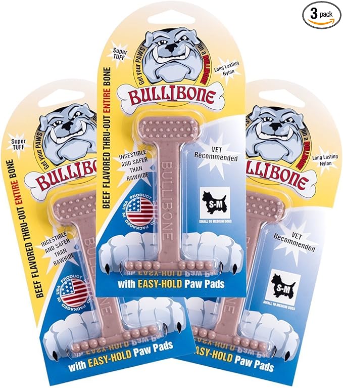 Bullibone Nylon Dog Chew Toy for Aggressive Chewers - Dental Hygiene Bone with Beef Flavor, Durable Tough Chew Toys for Small Dogs, Indestructible Dog Bone - 3 Pack
