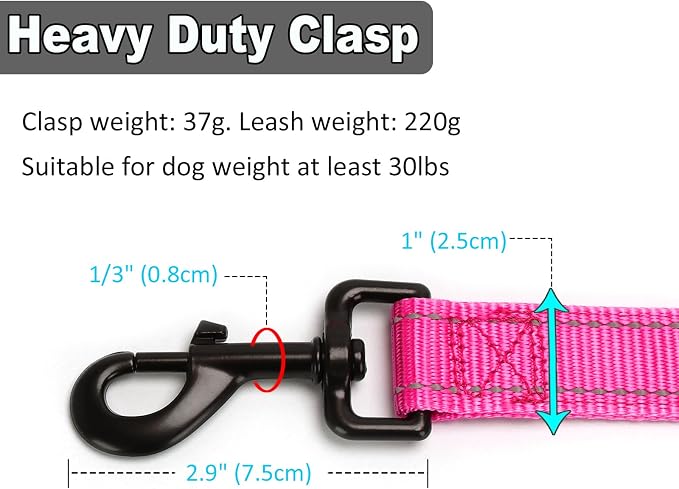3 Handle Dog Leash, 10FT Triple Handle Reflective Stitching with Padded Traffic Handles, Heavy Duty, Training Pet Lead for Control and Safety (Pink)