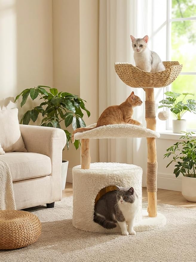 MUTTROS Modern Cat Tree Tower for Large Cats, Wood Cat Tower with Natural Scratching Post, Solid Wood Condo, Real Branch Luxury Cat Furniture with Curved Bed, Top Basket, White