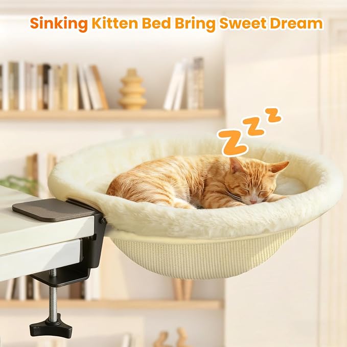 Pawaboo Cat Desk Bed, Sunken Cats Hammock with Steel Clamp Hold up to 40lbs, One-click Foldable Cat Side Table Beds with Soft Plush, Reversible & Washable Hanging Cats Bed for Game Home Desktop, Beige
