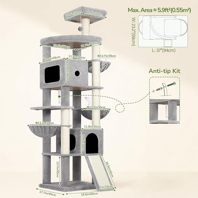 Globlazer 83in Heavy Duty Cat Tree, Giant Cat Tower with 2 Condos & 3 Hanging Baskets, Multi-Level Tall Cat Condo for Large Adult Cats, 7 Scratching Posts, F83C, Light Grey