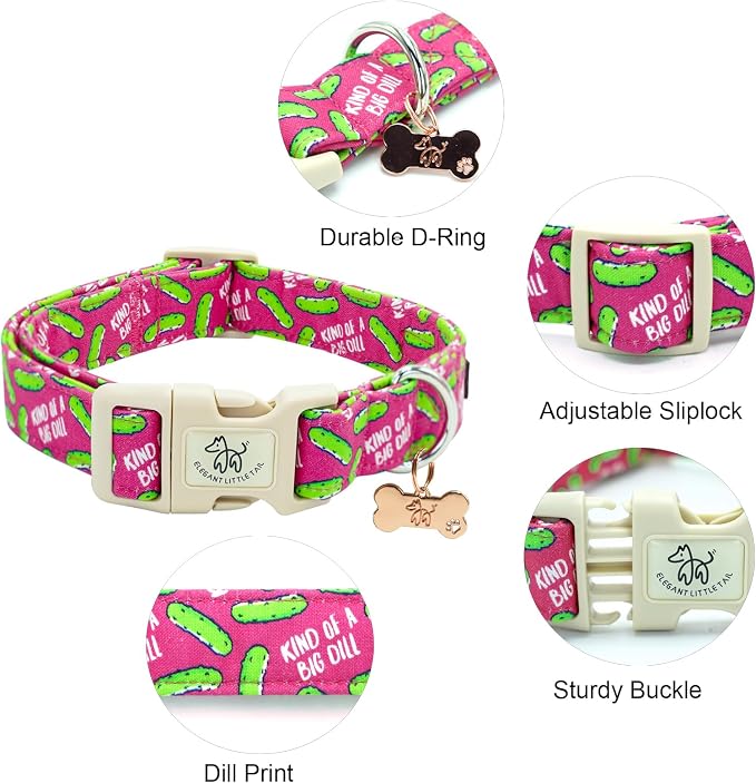 Elegant little tail Dog Collar, Dill Pickle Print Pink Puppy Male Adjustable Cotton Pet Collar with Quick Release Buckle for Small Medium Large Dogs