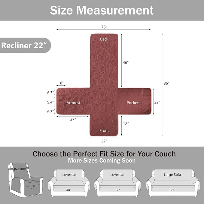 Red Quilted Recliner Chair Covers, Waterproof Recliner Chair Covers, Lazy Boy Chair Covers, Pet Friendly Recliner Slipcover for Dogs Cats, Washable Furniture Protector (Recliner 22", Red)