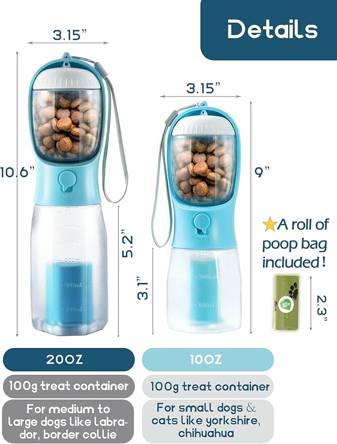 Portable Water Bottle for Small Dogs, 3 in 1 Animal Pet Travel Bowl Dispenser with Food Treat Container & Poop Bag Holder, Summer Hiking Walking Accessories for Puppy On The Go - Blue, 10oz