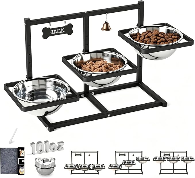 SHAINFUN Elevated Dog Bowls Stand for Large/Extra Large Dogs with Mat, 6 Height Adjustable Raised Dog Bowl, Three 101oz Food Water Bowls
