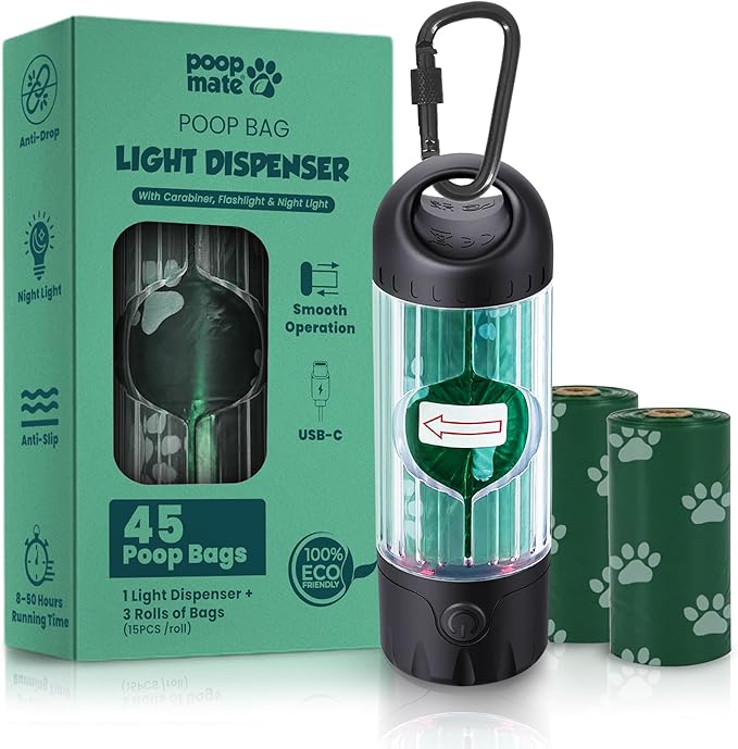 Dog Poop Bag Dispenser with LED Flashlight for Leash – USB-C Rechargeable, Waterproof, Hands-Free Dog Waste Bag Holder for Night Walks – Includes 45 Bags (3 Rolls)