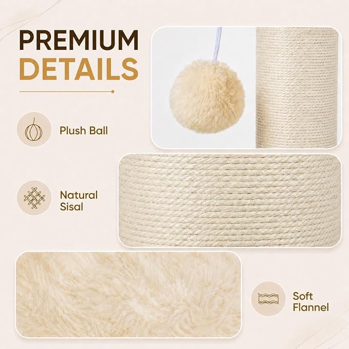 PAWSCRAT Cat Scratching Post 32 Inch High, 5.5 Inch Large Diameter Natural Sisal Cat Scratch Post, Scratch-Resistant and Durable Tall Cat Scratcher for Indoor Cats, Protect Your Furniture, Beige