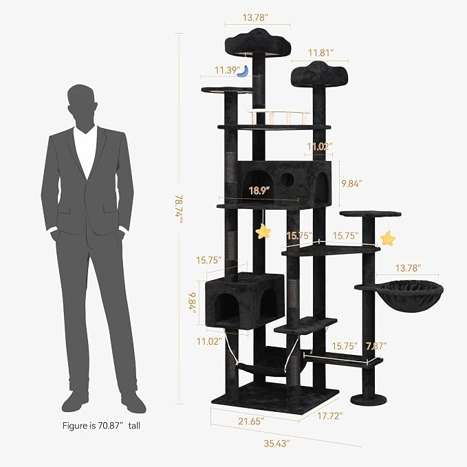 Meecal 79inch Giant Cat Tree for Heavy Duty Big Cats, Multi-Level Luxury Cat Tower with Scratching Post, Cat Condo with Hammocks & Plush Perches for Indoor Cats Large Adult, Black
