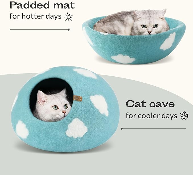 MEOWFIA Cat Cave – Premium Felt Cat Enclosure for Indoor Cats, Handmade Merino Wool (Cloud Nap Blue, Medium)