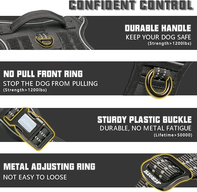 Auroth Tactical Harness for Large Dogs No Pull Adjustable Pet Harness Reflective K9 Working Training Easy Control Pet Vest Military Service Dog Harnesses Black L