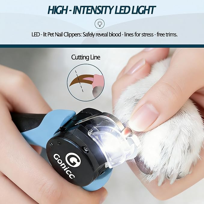 gonicc LED Pet Nail Clippers for Dogs & Cats, Light-Up Dog Nail Trimmer with Safety Lock & Built‑in File, Professional Stainless Steel Nail Clippers for Pets