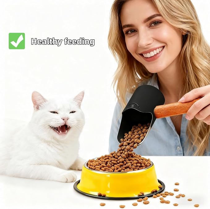 Multi-Pet Food Scoop, Pet Food Measuring Scoop with Wooden Handle,Carbon Steel with Ergonomic Wood Handle, for Dry Food & Treats, Accurate Portion Control for Dog Cat Bird Rabbit. (Black, Small)