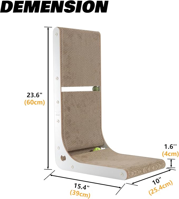 SMARTBEAN Cardboard Cat Scratcher, Vertical Cat Scratching Board, 23.6 Inch L-Shape Cat Scratch Pads with Built-in Catnip Toy Balls, Wall-Mount Cat Scratchers for Indoor Cats