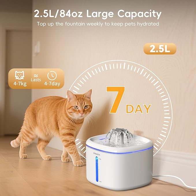 Cat Water Fountain,84oz/2.5L Cat Fountain – Ultra Quiet Upgraded Automatic Pet Water Dispenser with 3 Replaceable Filters, Indoor Cat & Dog Drinking Bowl (Cat Fountain+3 Filters)
