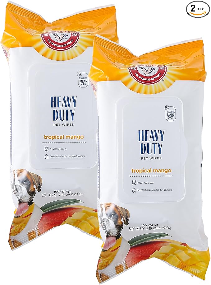 Arm and Hammer for Pets Heavy Duty Multipurpose Dog Bath Wipes, Mango Scent - All Purpose Wipes Remove Odor and Refresh Your Dog’s Skin Between Baths, 100 Count - 2 Pack