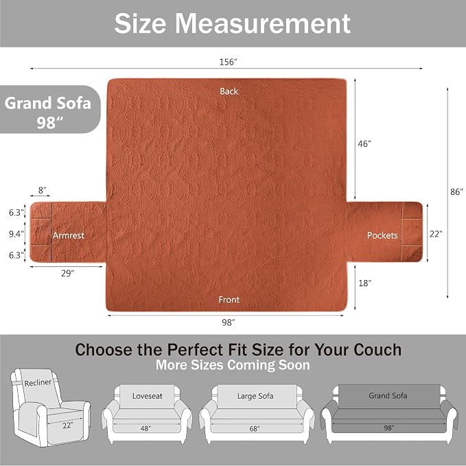 Quilted Grand Sofa Covers for 4 Cushion Couch, Couch Cover for Grand Sofa Washable, Soft Cozy Couch Protector, Oversized Grand Sofa Slipcovers Water-Repellent (Grand Sofa 98", Burnt Orange)