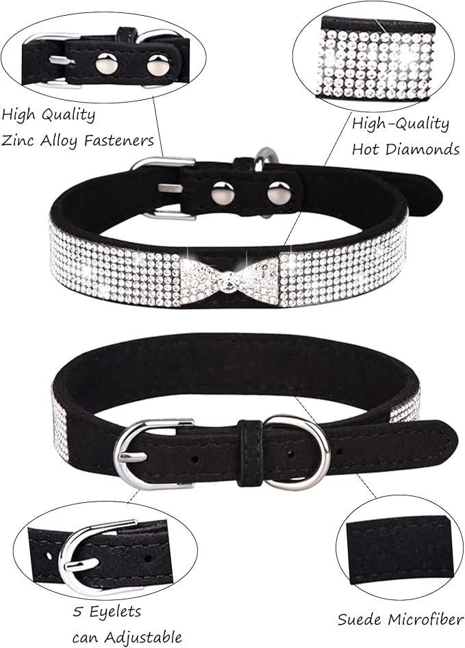 Dog Collar for Small Dogs, Adjustable Leather Suede Bling Dog Collars，Pink Dog Collar Cat Collar, Rhinestone Dog Collar (L, black4)