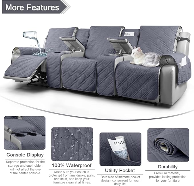 TAOCOCO Non Slip Recliner Sofa Covers for 3 Cushion Couch, Waterproof Reclining sofa cover for Leather Sofa with Console, Split Reclining Couch Cover Recliner Furniture Protector (3 Seater, Dark Grey)