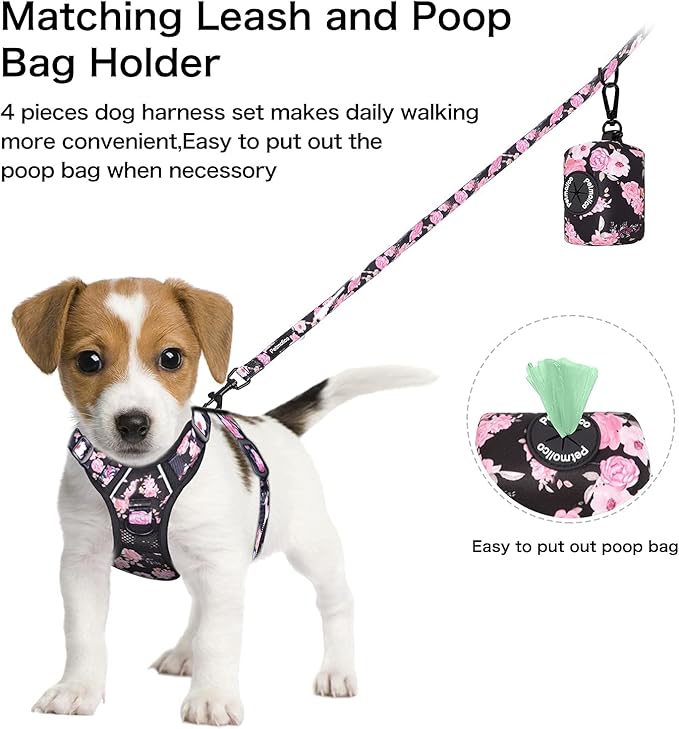 Petmolico No Pull Dog Harness Set with Leash Attachment Easy Control Handle Reflective Harness Vest Small Breed, Puppy Vest and Leash Set with Poop Bag Holder, XL - Pink Rose