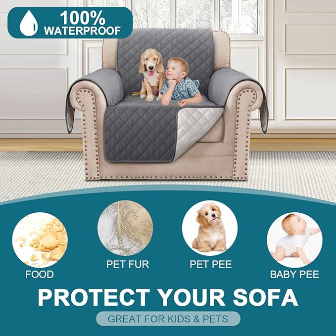 Turquoize 100% Waterproof Sofa Covers Chair Cover Armchair Couch Protector Triple Non-Slip Sofa Slipcover for 1 Cushion Armchair Furniture Protector for Pets, Kids,Dog (Chair 23", Gray)