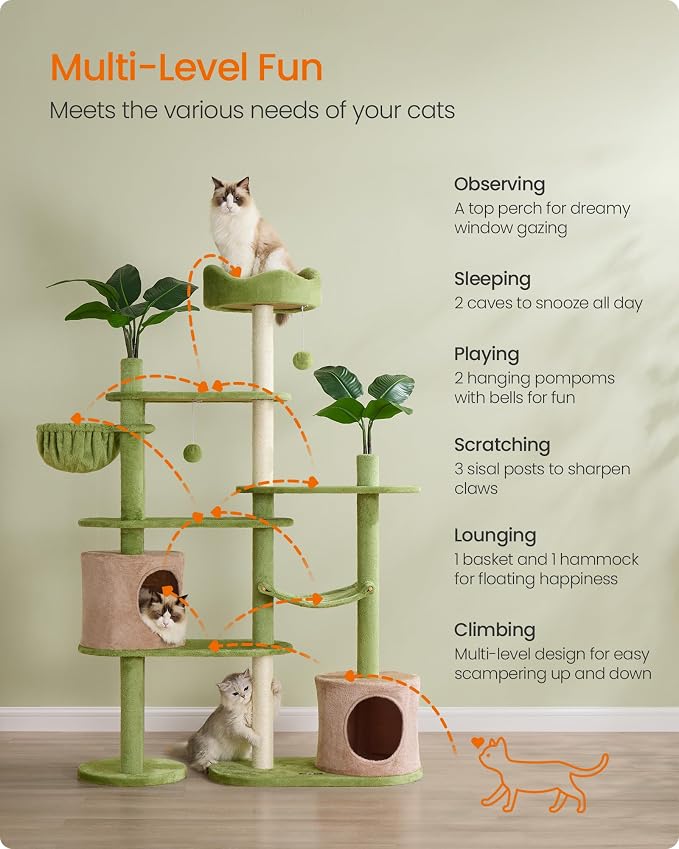 Feandrea Cat Tree, 68.1-Inch Tall Cat Tower, Multi-Level Plush Condo with Artificial Leaves, 3 Scratching Posts, 2 Pompoms with Bells, Grass Green and Camel Brown UPCT330C01
