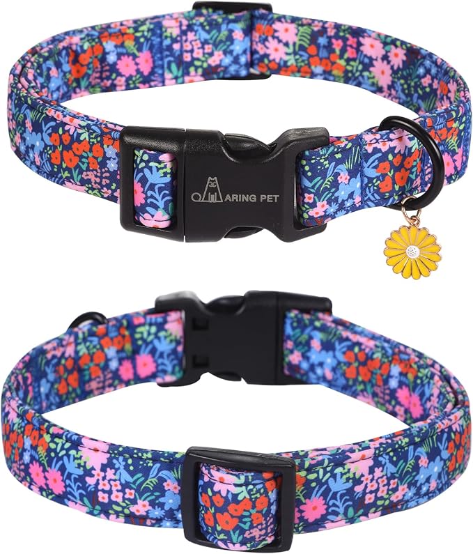 ARING PET Floral Dog Collar, Cute Blue Pink Orange Spring Summer Flower Doggy Pet Collars for Puppy Small Medium Large Girl Female Dogs-L