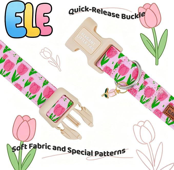 Elegant Little Tail Summer Dog Collar, Pink Tulip Floral Pattern Soft Cotton Pet Collars with Sturdy Quick Release Female Adjustable Pet Collar for Small Medium Large Dogs