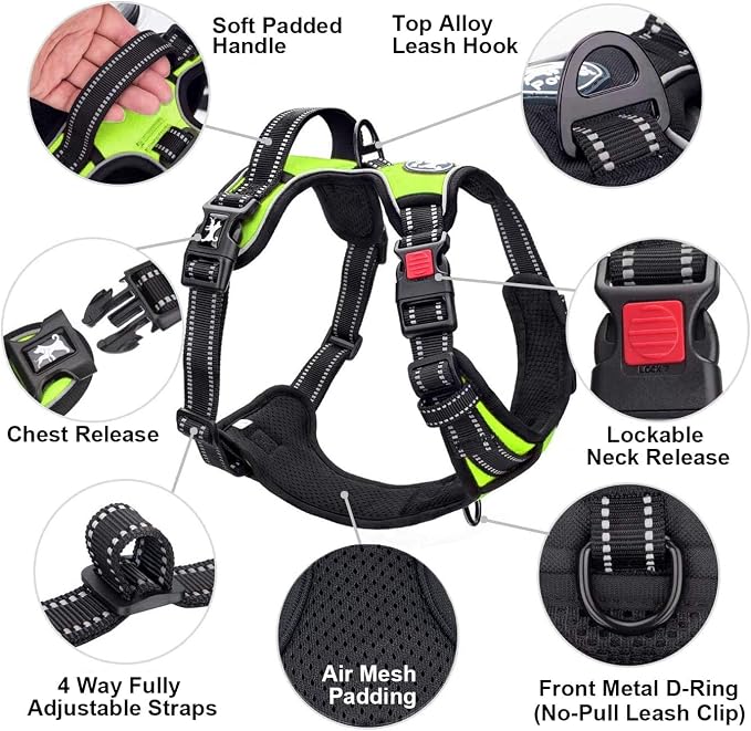 PoyPet Dog Harness No Pull, Reflective Adjustable No Choke Pet Vest with Front & Back Clips, Soft Padded and Control Training Handle for Large Dogs (Green, XL)