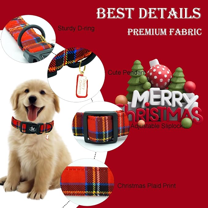 Elegant little tail Christmas Dog Collar, Red Plaid Pet Collar Cotton Soft Plastic Buckle Sturdy Puppy Collars Holiday Female or Male Adjustable Collar for Large Dogs