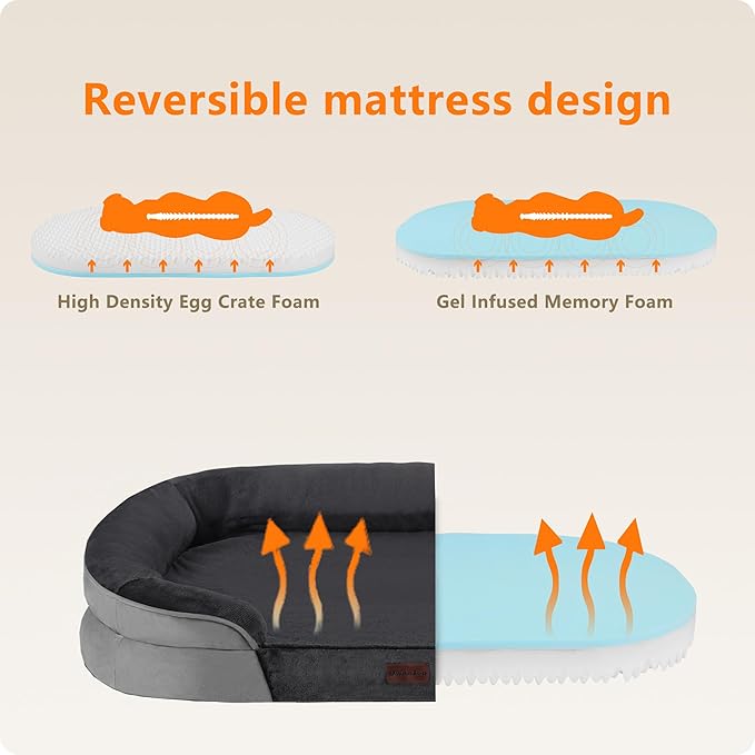 Dwanton Orthopedic Dog Bed for Medium Dogs with Gel Memory Foam, Waterproof Dog Sofa, Washable Pet Bed with Four Sided Bolster Cushion, Removable Cover & Non-Slip Bottom, 28", Dark Grey